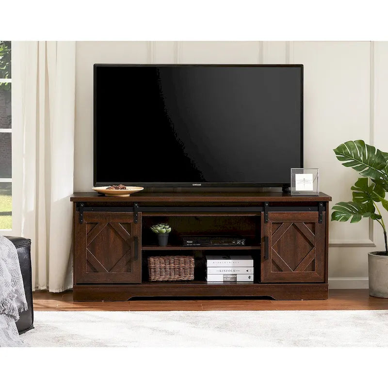 Meuble TV rustique marron/blanc avec portes coulissantes façon grange et rangement