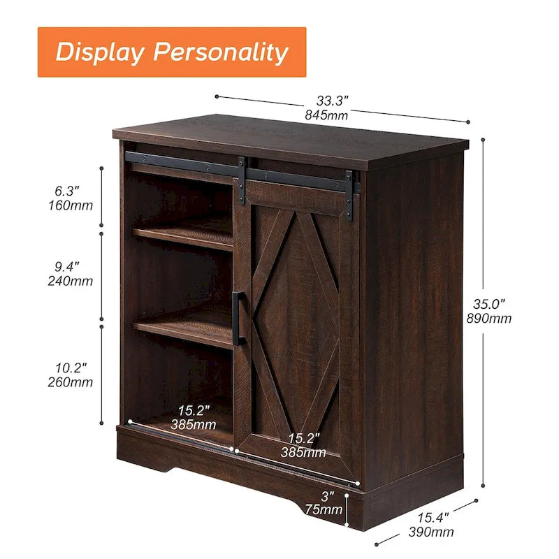 Meuble TV rustique marron/blanc avec portes coulissantes façon grange et rangement