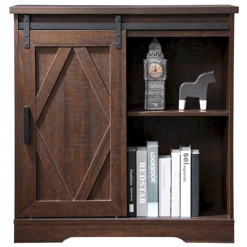 Meuble TV rustique marron/blanc avec portes coulissantes façon grange et rangement