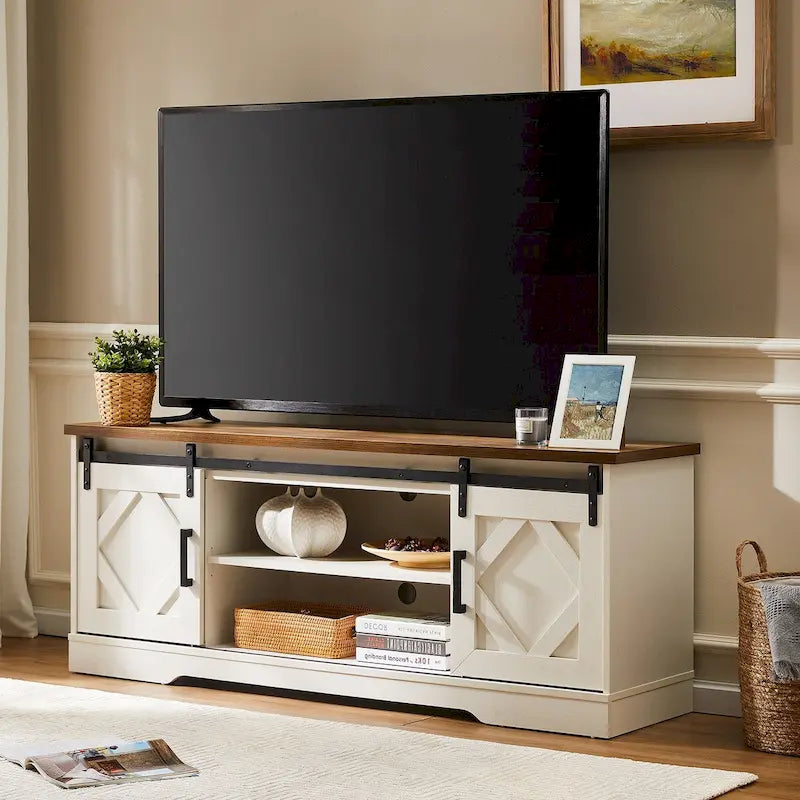 Meuble TV rustique marron/blanc avec portes coulissantes façon grange et rangement