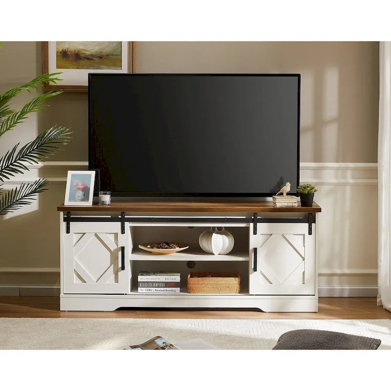 Meuble TV rustique marron/blanc avec portes coulissantes façon grange et rangement