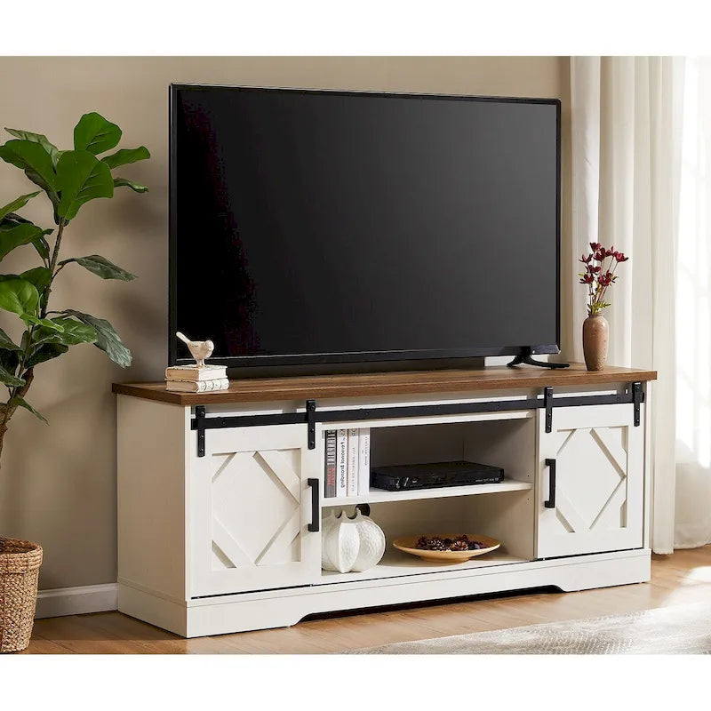 Meuble TV rustique marron/blanc avec portes coulissantes façon grange et rangement
