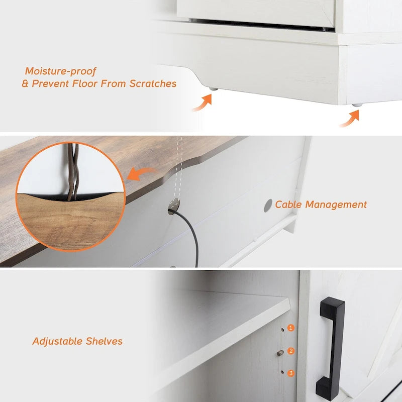 Meuble TV rustique marron/blanc avec portes coulissantes façon grange et rangement