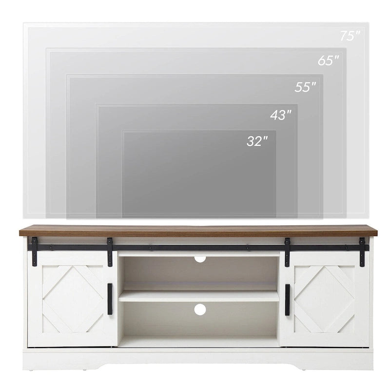 Meuble TV rustique marron/blanc avec portes coulissantes façon grange et rangement