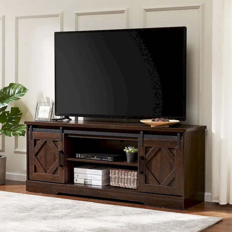 Meuble TV rustique marron/blanc avec portes coulissantes façon grange et rangement