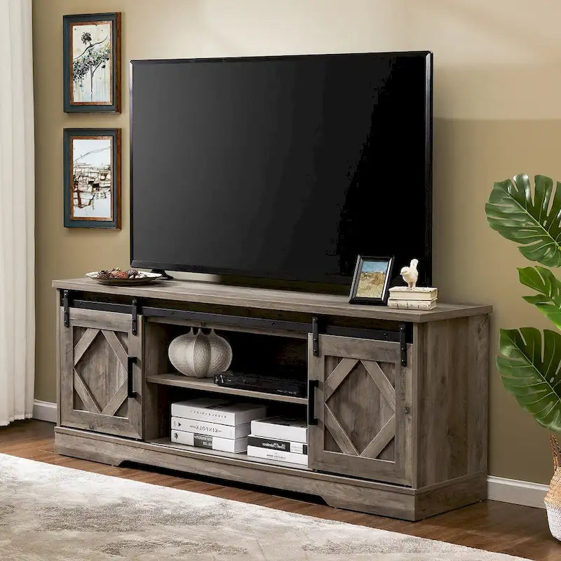Meuble TV rustique marron/blanc avec portes coulissantes façon grange et rangement