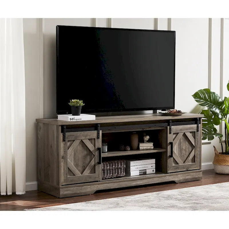 Meuble TV rustique marron/blanc avec portes coulissantes façon grange et rangement