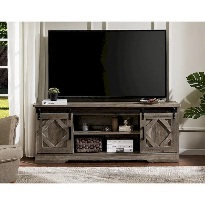 Meuble TV rustique marron/blanc avec portes coulissantes façon grange et rangement
