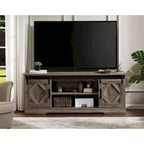 Meuble TV rustique marron/blanc avec portes coulissantes façon grange et rangement