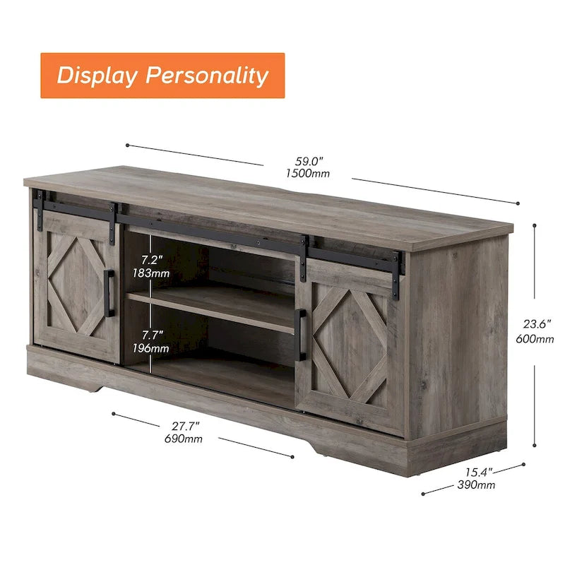 Meuble TV rustique marron/blanc avec portes coulissantes façon grange et rangement