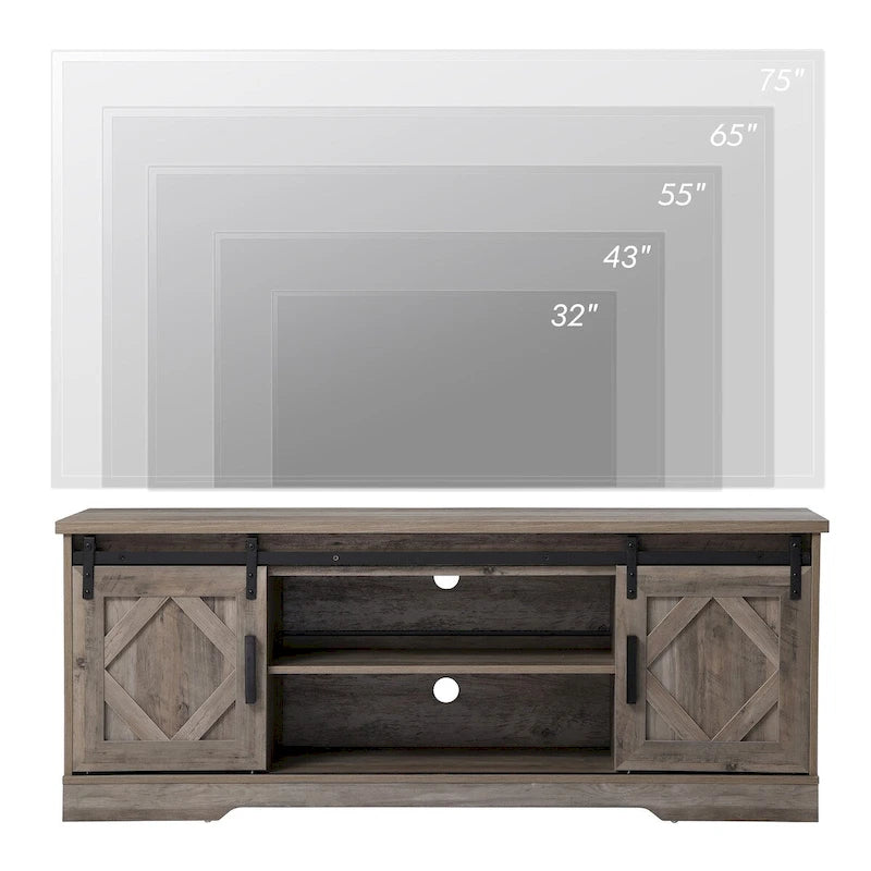 Meuble TV rustique marron/blanc avec portes coulissantes façon grange et rangement