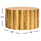 Table basse tambour doré, 71L x 71P x 38H cm.