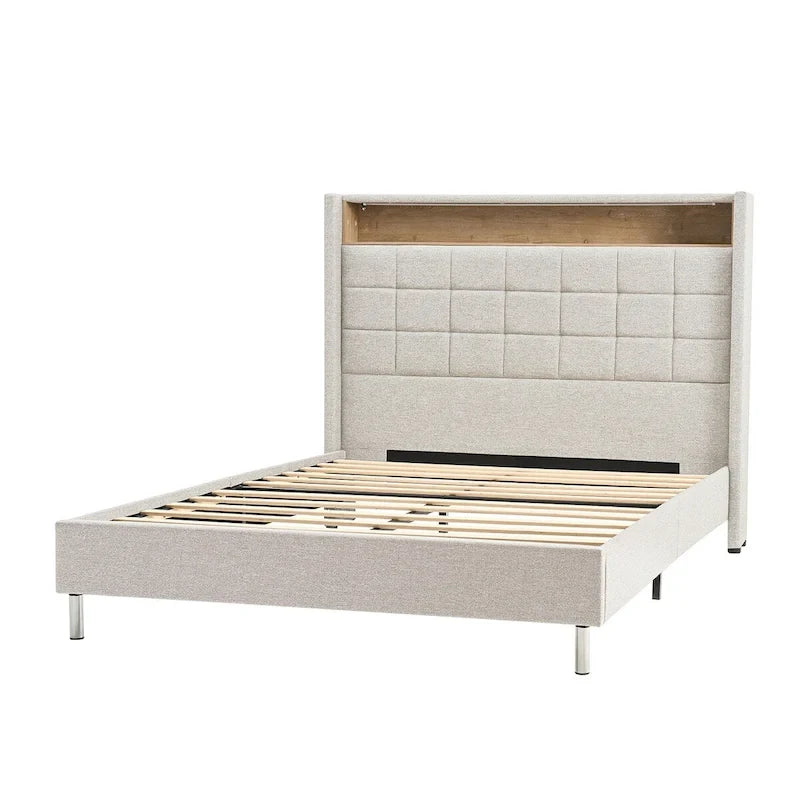 Lit rembourré géométrique crème/gris foncé avec tête de lit LED et rangement – Queen/King