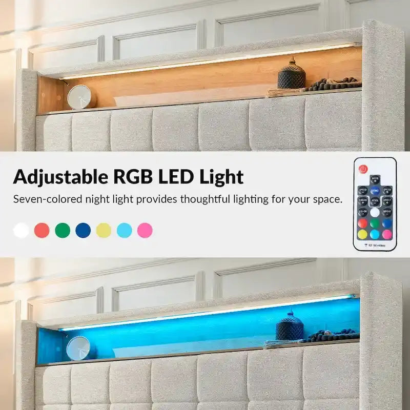 Lit rembourré géométrique crème/gris foncé avec tête de lit LED et rangement – Queen/King