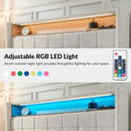 Lit rembourré géométrique crème/gris foncé avec tête de lit LED et rangement – Queen/King