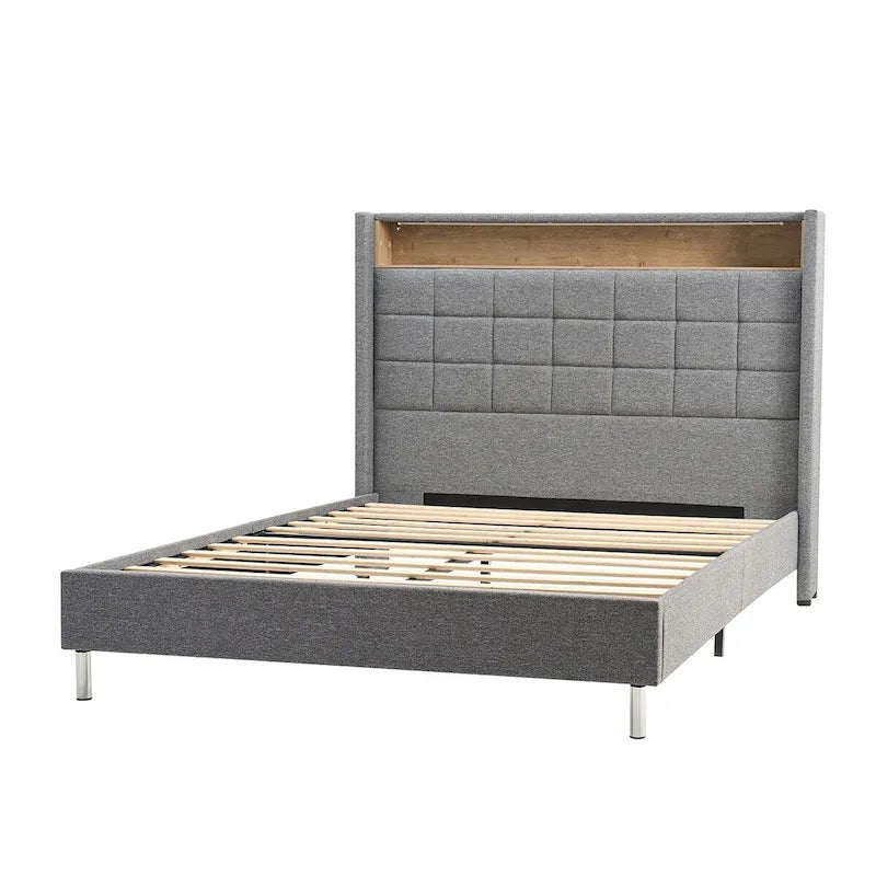 Lit rembourré géométrique crème/gris foncé avec tête de lit LED et rangement – Queen/King