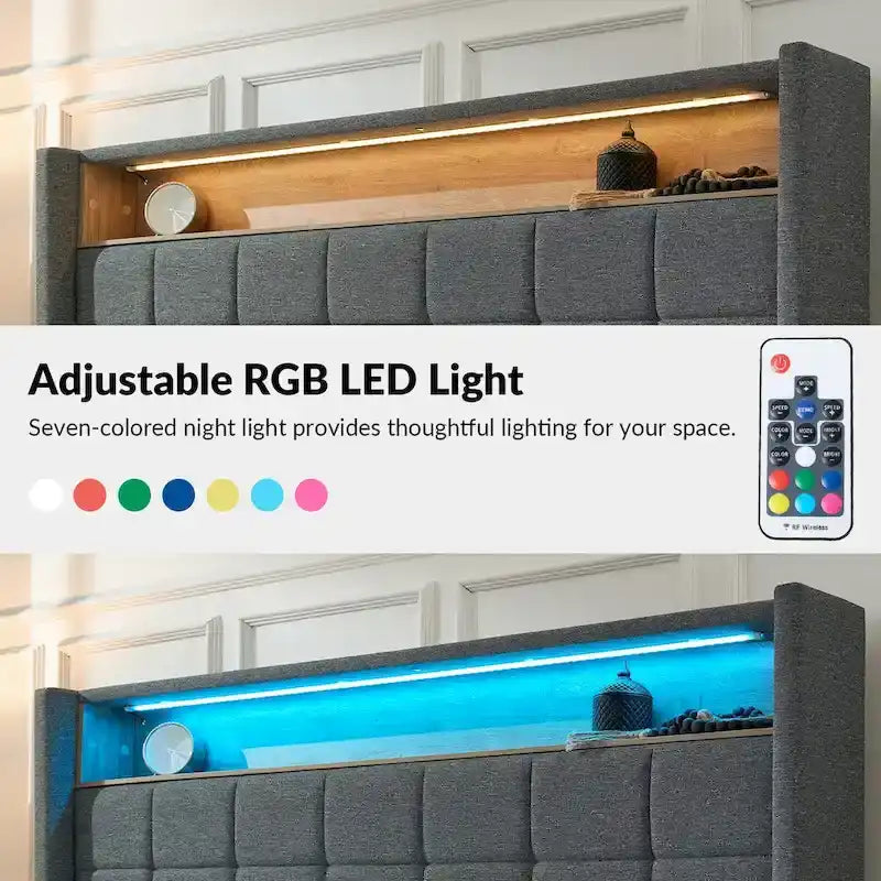Lit rembourré géométrique crème/gris foncé avec tête de lit LED et rangement – Queen/King