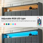 Lit rembourré géométrique crème/gris foncé avec tête de lit LED et rangement – Queen/King