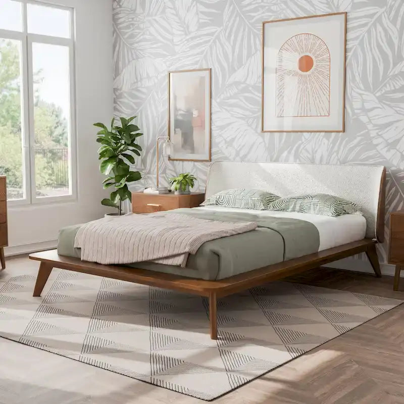 Ensemble de chambre 3 pièces Midcentury en bouclette et bois de noyer – Grand lit/Très grand lit/Lit double