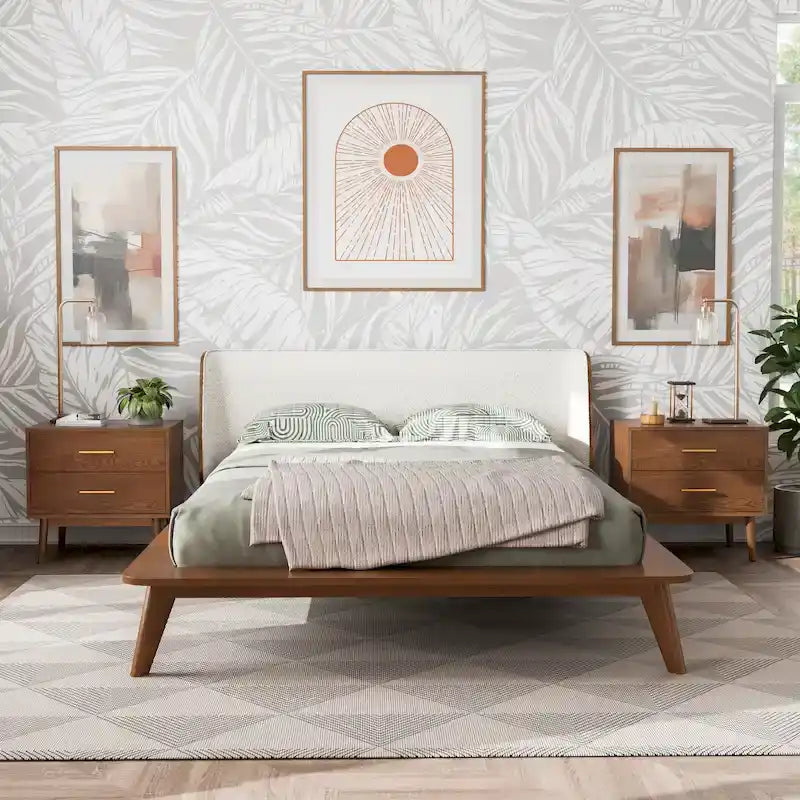 Ensemble de chambre 3 pièces Midcentury en bouclette et bois de noyer – Grand lit/Très grand lit/Lit double