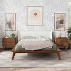 Ensemble de chambre 3 pièces Midcentury en bouclette et bois de noyer – Grand lit/Très grand lit/Lit double