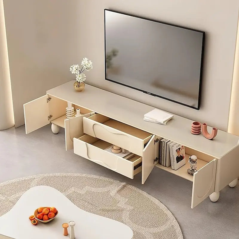 Meuble TV blanc cassé avec portes cintrées, 78 po.