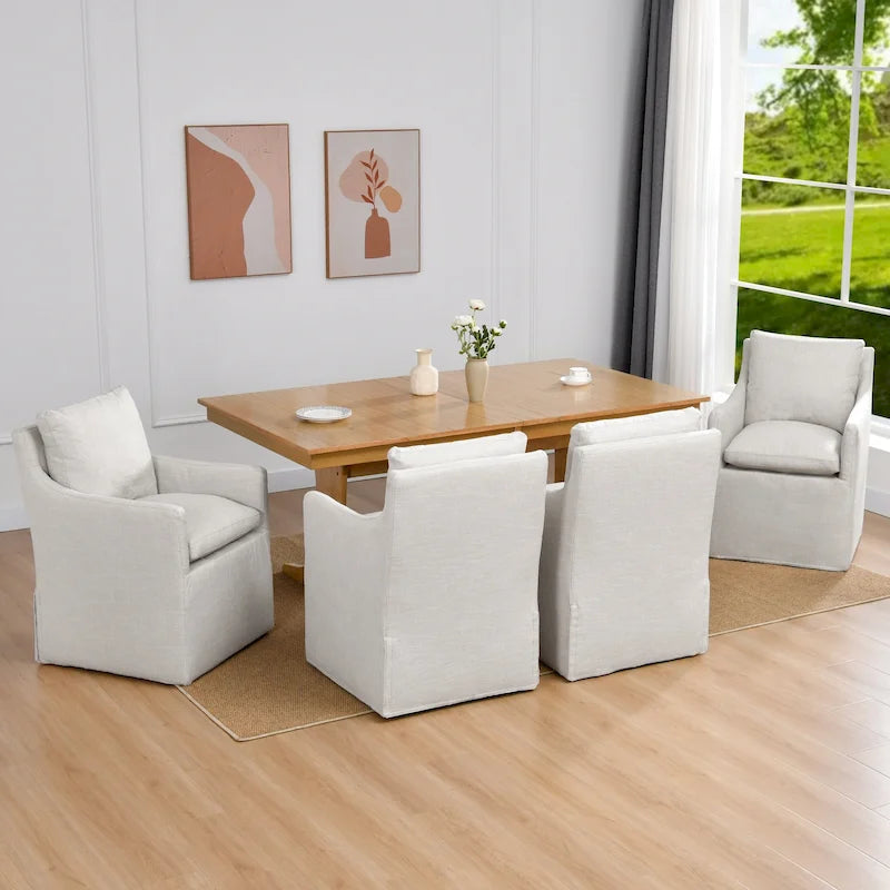 Chaises de salle à manger roulantes pivotantes rembourrées en lin 25 avec roulettes