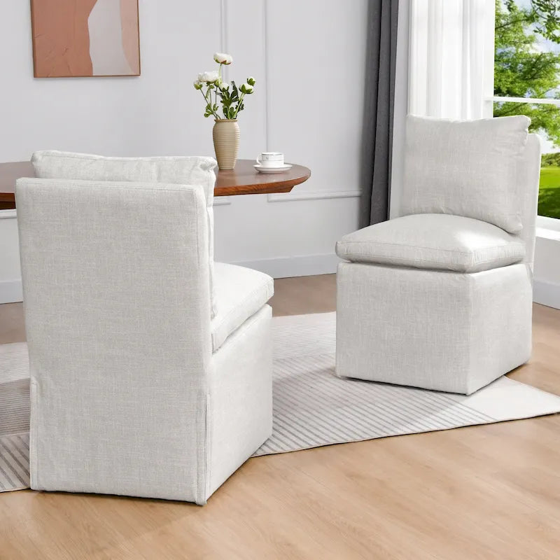 Chaises de salle à manger roulantes pivotantes rembourrées en lin 25 avec roulettes