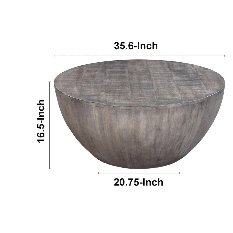 Table basse ronde de 36 pouces, forme tambour artisanale, bois de manguier avec finition gris olive