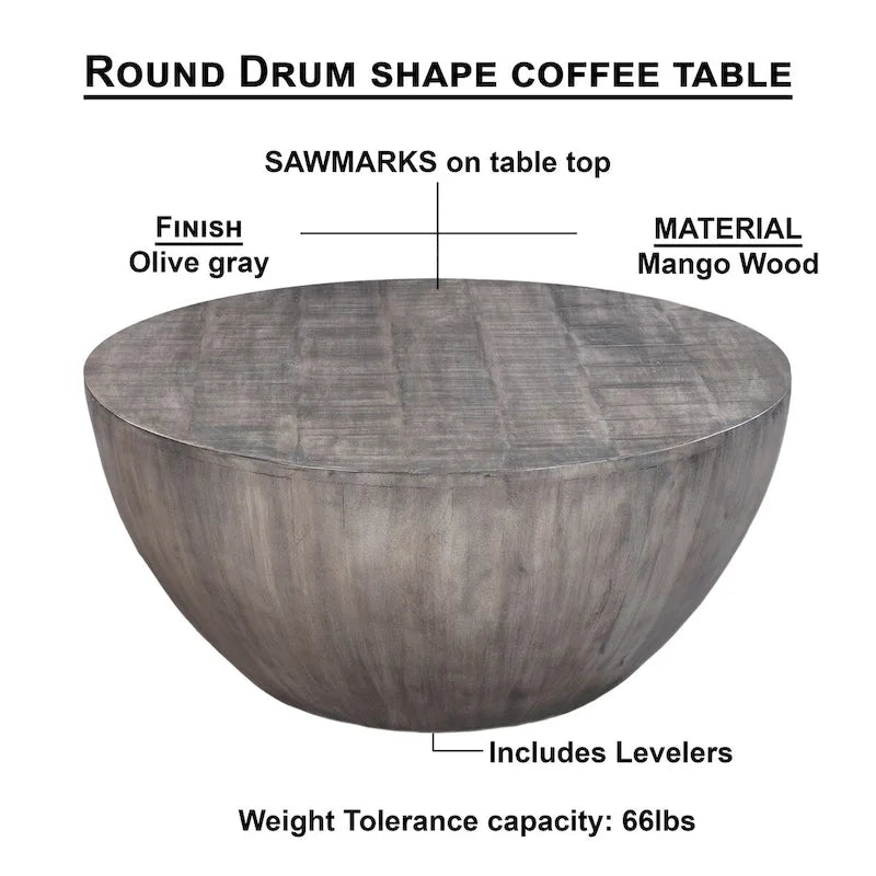 Table basse ronde de 36 pouces, forme tambour artisanale, bois de manguier avec finition gris olive