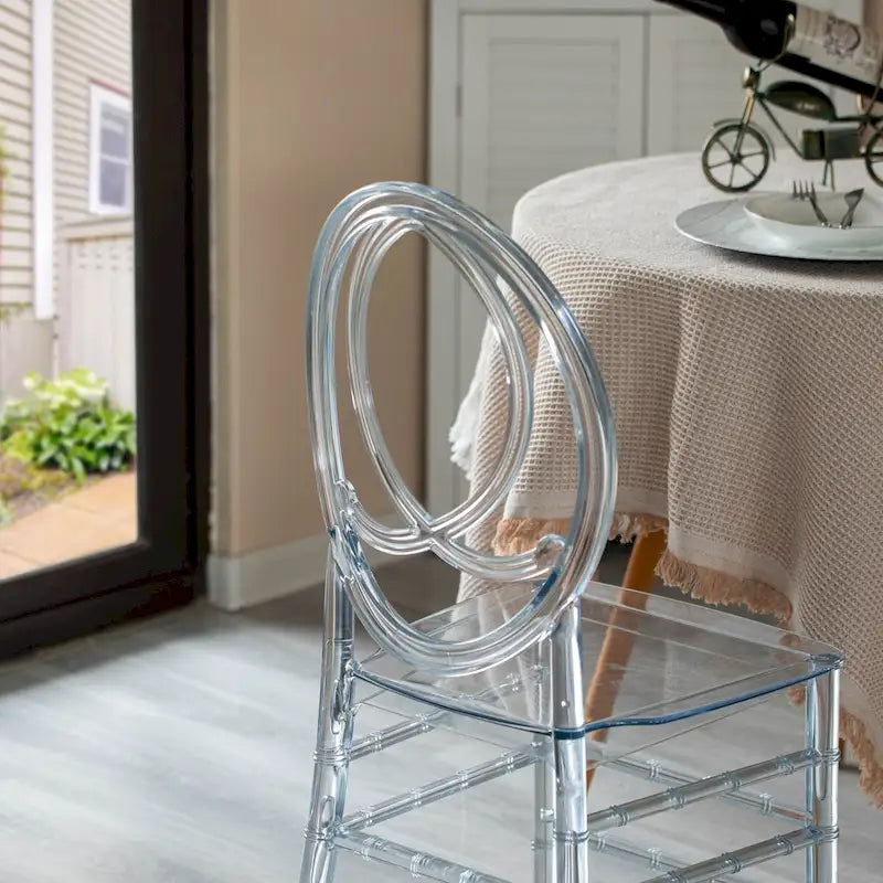 Chaise de salle à manger moderne en acrylique Phoenix, chaise de fête transparente empilable, chaise en acrylique cristallin pour événements et mariages