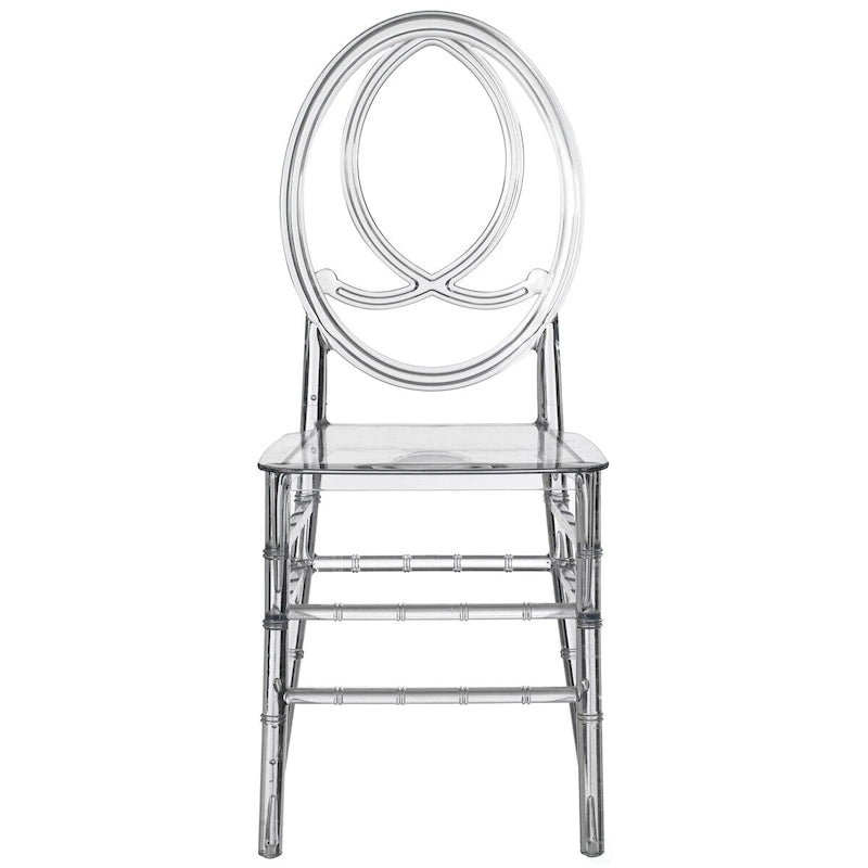 Chaise de salle à manger moderne en acrylique Phoenix, chaise de fête transparente empilable, chaise en acrylique cristallin pour événements et mariages