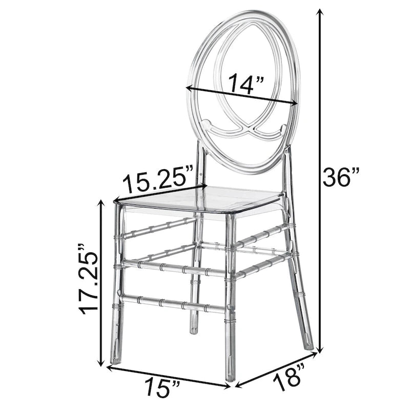 Chaise de salle à manger moderne en acrylique Phoenix, chaise de fête transparente empilable, chaise en acrylique cristallin pour événements et mariages
